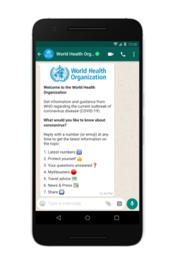 A WhatsApp image of a phone displays WHO messaging.