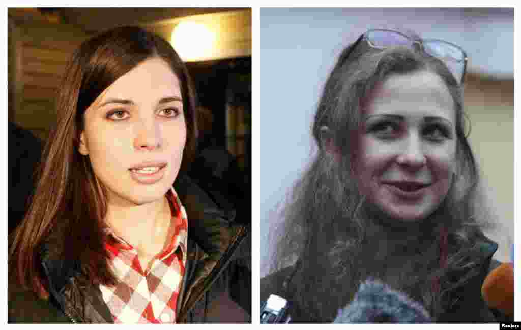 A combination photo shows Pussy Riot members Nadezhda Tolokonnikova (L) and Maria Alyokhina (R) speaking to the media after they were released from prison, Dec. 23, 2013.&nbsp;
