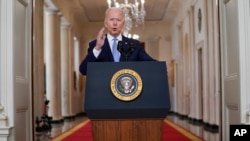 President Joe Biden speaks about the end of the war in Afghanistan from the State Dining Room of the White House, Aug. 31, 2021, in Washington.