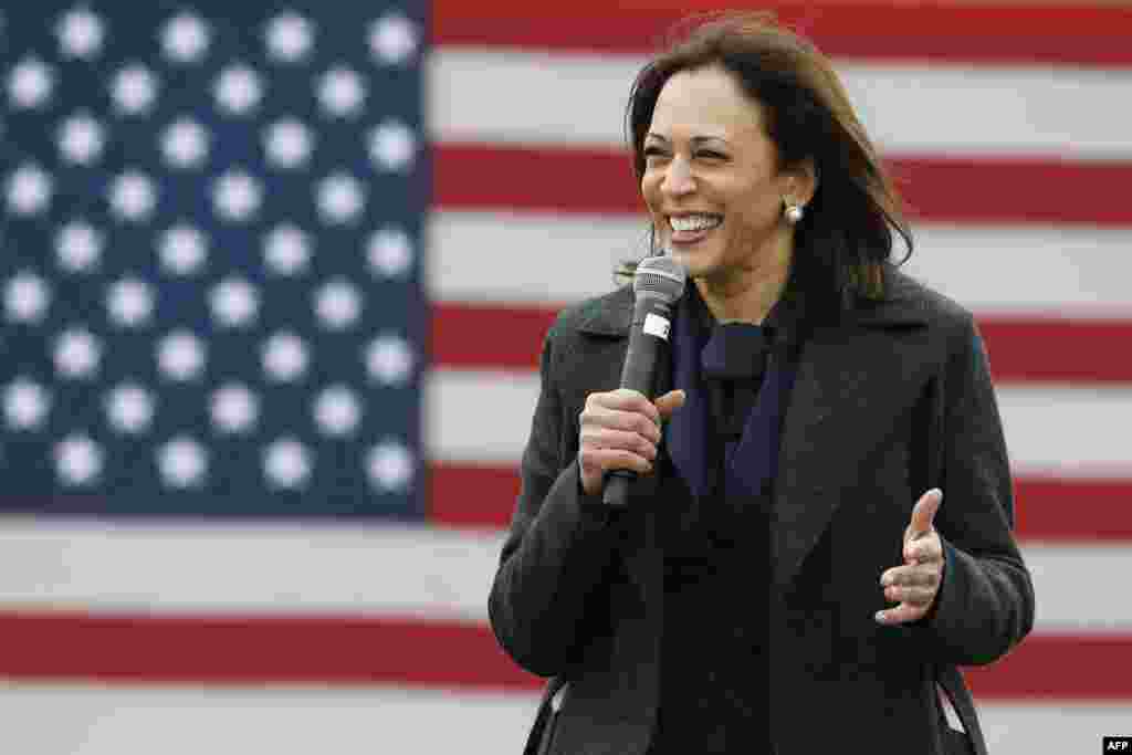 &lsquo;Yar Democrat mataimakiyar shugaban kasar Amurka Kamala Harris ta na magana a lokacin kamfen na zaben shugaban kasa a birnin Washington, DC.