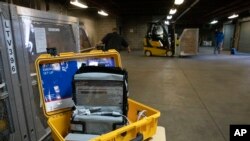 A ventilator is displayed during a news conference on March 24, 2020 at the New York City Emergency Management Warehouse, where 400 ventilators have arrived and will be distributed. 