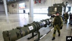 A Russian 9M729 land-based cruise missile on display outside Moscow, Jan. 23, 2019. The US claims it violates the INF treaty.