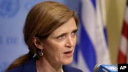 FILE - Samantha Power, U.S. ambassador to the U.N., talks to reporters during a break in Security Council consultations, Feb. 25, 2016. She says it's the council's job to ensure accountability when peacekeepers abuse those they're supposed to protect.