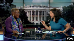 Ambassador Pamela Spratlen with Navbahor Imamova, VOA Uzbek, Washington, May 18, 2018