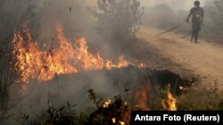 An Indonesian soldier drags a hose while fighting a peatland fire in Ogan Ilir, South Sumatra province on the island of Sumatra, Sept. 30, 2015.