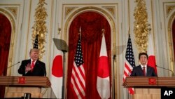 东京赤坂宫，美国总统特朗普在与日本首相安倍晋三举行的新闻发布会上发表讲话。（2019年5月27日）