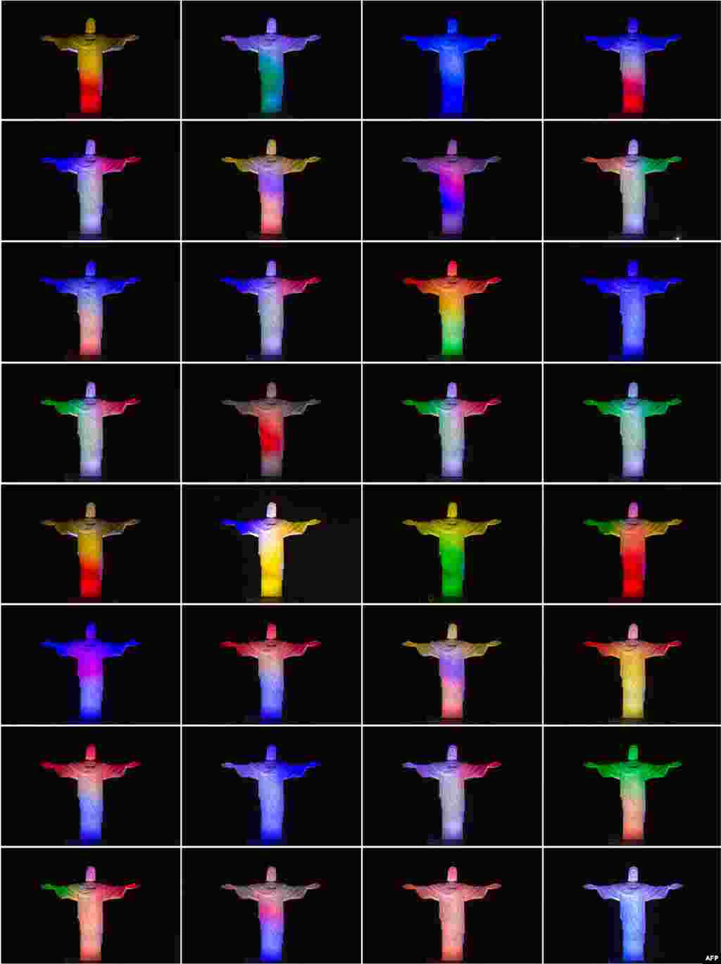 Kombinasi 32 foto patung Yesus di Rio de Janeiro, Brazil dengan 32 warna bendera negara-negara peserta Piala Dunia 2014 di Brazil.