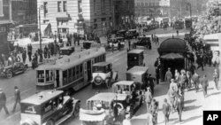 Times Square area near 42nd Street in New York City in the 1920s. Sounds from that era are now available online.