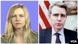 VOA's Natasha Mozgovaya (L) and US Ambassador to Ukraine Geoffrey Pyatt (R)
