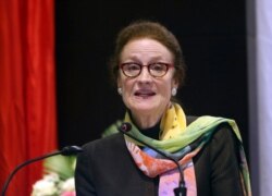 FILE - UNICEF Executive Director Henrietta Fore delivers a speech in Naypyitaw, Myanmar, Jan. 28, 2019.