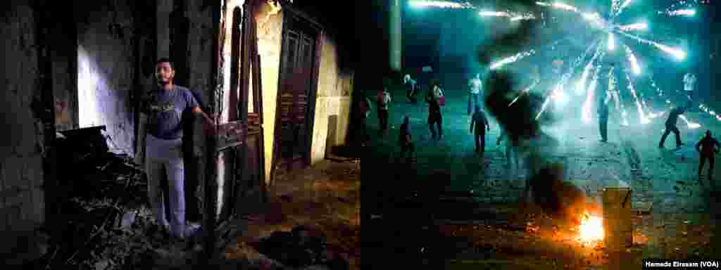 Left: &quot;I had my business in electronics and security cameras. One day I found my storage unit burned down,&quot; Soma&rsquo;a, 32, told VOA. &quot;Here in downtown, during the past few years, there were many clashes with fireworks and teargas canisters, and it wasn&rsquo;t the first time that my place got exposed to fires. Every time we were able to fight the fires, but this time it was late at night. Right: Protesters react to fireworks during clashes in downtown Cairo.