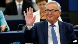 Presiden Komisi Eropa Jean-Claude Juncker di gedung parlemen Eropa, Strasbourg, Perancis, 14 September 2016. (AP Photo/Jean Francois Badias)