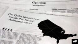 This photo shows an anonymous opinion piece in The New York Times in New York, Sept. 6, 2018. 