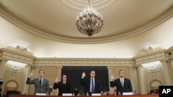 Constitutional law experts (L-R) Noah Feldman, Pamela Karlan, Michael Gerhardt and Jonathan Turley, are sworn in to testify during a House Judiciary Committee hearing, Dec. 4, 2019.