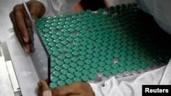 FILE - An employee in personal protective equipment (PPE) removes vials of AstraZeneca's COVISHIELD, coronavirus disease (COVID-19) vaccine from a visual inspection machine inside a lab at Serum Institute of India, in Pune, India, Nov. 30, 2020.