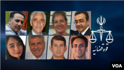 Images of eight Iranian Baha'is sentenced to prison terms on Dec. 23, 2020. Top from left: Omid Afaghi, Adib Haghpajooh, Mahnaz Jannesar, Arash Rasekhi. Bottom from left: Maral Rasti, Mehrallah Afshar, Nasim Ghanavatian, Farhad Ameri.
