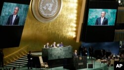 Presiden Obama saat menyampaikan sambutan di hadapan Sidang Majelis Umum PBB ke-70 di Markas Besar PBB, New York, 28 September 2015 (AP Photo/Mary Altaffer).