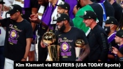 Les Los Angeles Lakers fêtent leur titre de champions NBA 2020, USA, le 11 octobre 2020.