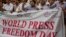 Pakistan journalists rally to observe the World Press Freedom Day in Islamabad, Pakistan, Tuesday, May 3, 2016. Dozens of journalists gathered shouting slogans for the freedom of press. (AP Photo/B.K. Bangash)