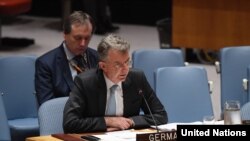 크리스토프 호이스겐 유엔주재 독일대사가 지난 2018년 6월 뉴욕에서 열린 안보리 회의에서 발언을 하고 있다. (자료사진)