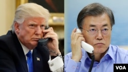 Presiden AS Donald Trump berbicara melalui telepon
dengan Presiden Korea Selatan Moon Jae-in untuk membahas ancaman Korea Utara.