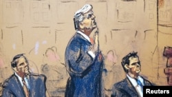 Crtež sa ročišta na kojem se vidi Donald Trump kako u psisustvu svojih advokata polaže zakletvu pred sutkinjom, 3. augusta 2023. godine. (Foto: Rojters/Jane Rosenberg) Photo: Reuters