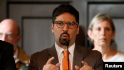 FILE - Freddy Guevara, the Venezuelan National Assembly's first vice president, speaks at a news conference at the parliament's offices in Caracas, Aug. 19, 2017.