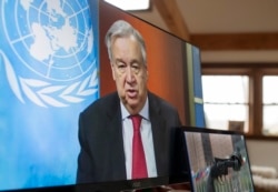 Sekjen PBB Antonio Guterres saat menggelar konferensi pers virtual di Markas Besar PBB di New York, 3 April 2020. (Foto: dok).
