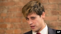 Milo Yiannopoulos speaks during a news conference in New York, Feb. 21, 2017. 