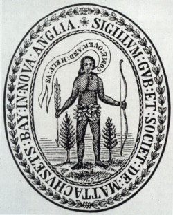 1629 Massachusetts Bay Company Seal features a Native American appealing to Europeans to "help us," reflecting Puritans' mission to spread Christianity in southeastern New England.