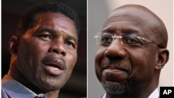 This combination of photos shows Herschel Walker, Republican candidate for US Senate for Georgia, on May 23, 2022, in Athens, Georgia, left, and Democratic nominee for US Senate Sen. Raphael Warnock on Nov. 10, 2022, in Atlanta.