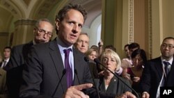 Treasury Secretary Timothy Geithner makes remarks after a meeting with Democrats about the debt limit, July 14, 2011
