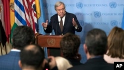 FILE - United Nations Secretary-General Antonio Guterres speaks to reporters during a news conference at U.N. headquarters in New York.