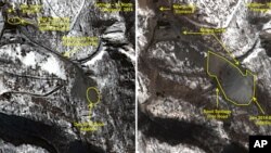 미국 존스홉킨스대 한미연구소에서 운영하는 북한 전문 웹사이트 '38노스'가 지난 1월과 2월에 공개한 풍계리 핵실험장 모습. 이 웹사이트에 따르면 지난 2월 풍계리 핵실험장에서 지하터널 굴착 공사로 보이는 활동이 부쩍 증가했다. 북한은 지난해 5월 터널 공사를 시작했다.