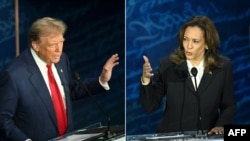 (COMBO) This combination of pictures created on September 10, 2024 shows
former US President and Republican presidential candidate Donald Trump (L) and US Vice President and Democratic presidential candidate Kamala Harris participating in a presidential 