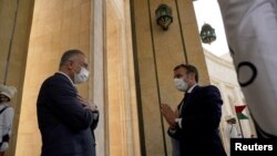 Perdana Menteri Irak Mustafa al-Kadhimi dan Presiden Perancis Emmanuel Macron di Baghdad, Irak, 2 September 2020.