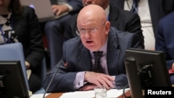 FILE - Vassily Nebenzia, Russian ambassador to the United Nations, addresses the Security Council at U.N. headquarters in New York, April 10, 2019.