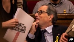 Separatist lawmaker Quim Torra, candidate for regional president, is pictured during a parliamentary session in Barcelona, Spain, May 12, 2018. He fell short of the absolute majority of 68 votes needed to be elected Catalonia's leader in the first round.