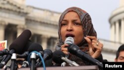 FILE - U.S. Representative Ilhan Omar (Democrat-Minnesota) speaks at a news conference at the U.S. Capitol in Washington, Feb. 7, 2019.
