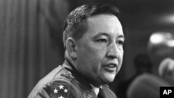 FILE - U.S. Army Capt. Ernest Medina, a key figure in the 1968 My Lai Massacre during the Vietnam War, speaks at a news conference at the Pentagon, Dec. 4, 1969.