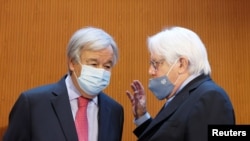 U.N. Secretary-General Antonio Guterres and U.N. Under-Secretary-General for Humanitarian Affairs (OCHA) Martin Griffiths talk ahead of an aid conference for Afghanistan at the United Nations in Geneva, Switzerland, Sept. 13, 2021.