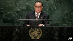 제69차 유엔총회에서 회원국 대표연설을 하고 있는 리수용 북한 외무상. (자료사진)