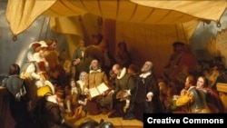 The Embarkation of the Pilgrims (1857), a romanticized painting by Robert Walter Weir at the United States Capitol in Washington, D.C. 