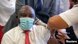 South African President Cyril Ramaphosa receives the Johnson and Johnson coronavirus disease (COVID-19) vaccination at the Khayelitsha Hospital near Cape Town, South Africa, Feb. 17, 2021.