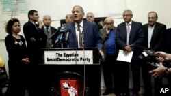 Mohammed Anwar Sadat, nephew of Egypt's late leader Anwar Sadat, speaks during a press conference held by several political parties decrying proposed constitutional amendments, in Cairo, March 27, 2019. 