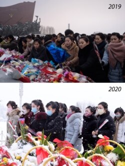 지난 2019년 2월 북한 김정일 국방위원장 생일을 맞아 김일성-김정일 동상이 있는 만수대 언덕을 찾은 평양 시민들(위)과 올해 2월 만수대 언덕을 찾은 평양 시민들(아래). 올해는 신종 코로나바이러스 사태 영향인 듯 마스크를 쓴 시민들이 많다.