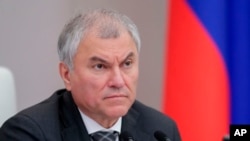 FILE - Russian State Duma Speaker Vyacheslav Volodin said on Jan. 2o, 2024, that parliament will consider a law allowing for the confiscation of money and property from those deemed to spread “deliberately false information” about Moscow's military actions.