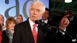 U.S. Sen. Thad Cochran, R-Miss., addresses supporters and volunteers at his runoff election victory party Tuesday, June 24, 2014