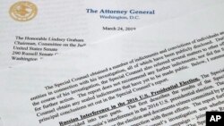 Surat dari Jaksa Agung AS William Barr kepada Kongres AS mengenai kesimpulan dari laporan rahasia jaksa penyidik khusus Robert Mueller terkait campur tangan Rusia dalam Pilpres AS. 