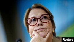 FILE - Brazil's Agriculture Minister Tereza Cristina Dias looks on during a news conference at the Itamaraty Palace in Brasilia, July 3, 2019. 